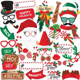 Christmas Photo Booth Props - 38 pcs Xmas Photobooth Kit with 8 x 10-Inch Sign, 60 Adhesive Pads, 45 Sticks - Christmas Photobooth Props - Holiday Photobooth Prop Christmas Party Decorations