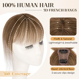 S-noilite Bangs Hair Clip,360° 3D Cover Real Clip in Bangs Human Hair Toppers for Women With Wispy Bang Daily Wear Medium Brown