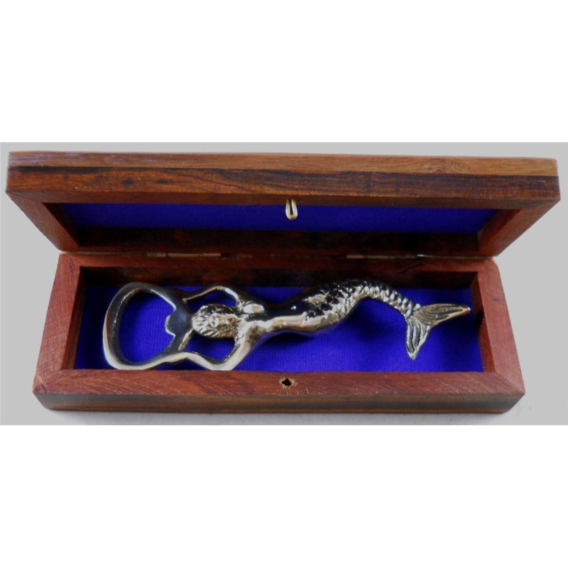 Solid Brass Mermaid Bottle Opener in Wooden Box with Inlaid
