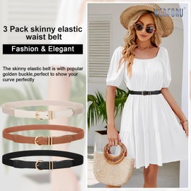 WERFORU 3 Pack Women Elastic Waist Belt Gold Buckle Belt,Black+Beige+Brown
