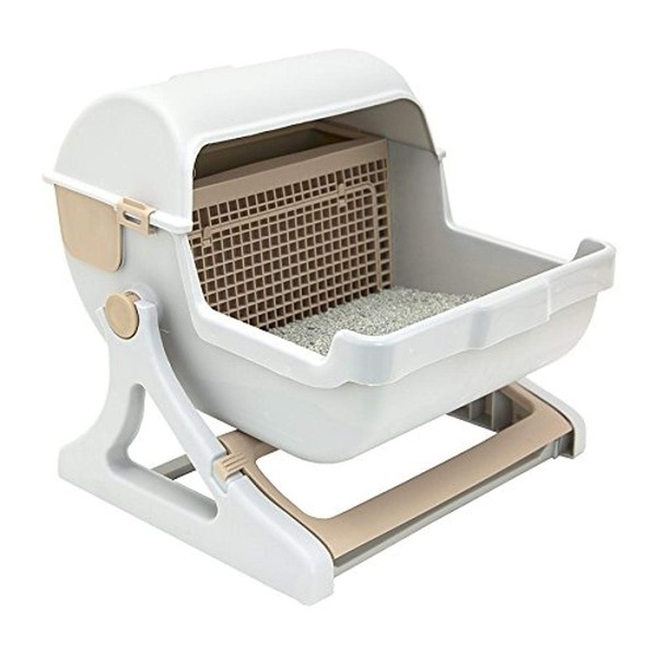 Le you pet semi-automatic quick cleaning cat litter box, Luxury cat toilet(white / milk brown)