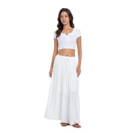 Wrotorea 2025 Summer Long Maxi Skirt for Women Casual Elastic Waist A-Line Boho Beach Long Skirts (S, White)