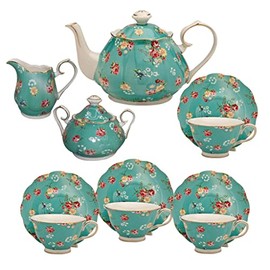 Gracie China by Coastline Imports Shabby Rose Teal 11-Piece 11pc Tea Set