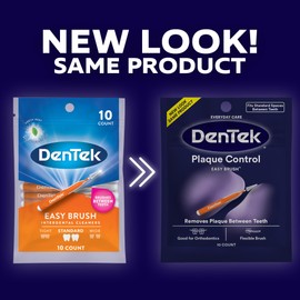 Dentek Interdental Brushes - Standard, Mint Flavor, 10 Count - Easy-Brush Interdental Plaque Remover with Fluoride - Cleans Tight Spaces Around Teeth, Braces & Other Dental Appliances