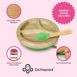 Abiie Octopod Bamboo Dish - Kids Plates for 4 months and up, 3-Compartment Baby Plates with Suction, Round Bamboo Baby Plate, Mess-Free Toddler Suction Plates, Baby Feeding Supplies, 7.5 x 7.5 x 1.9in