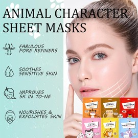 6Pcs Sheet Mask, Face Mask Set for Teenage Girls, Fun Animal Printed Sheet Face Masks, With Tiger and Cat Easy Use Face Mask Gift Set, Hydrating, Soothe, Brighten, Face Masks for All Skin Types