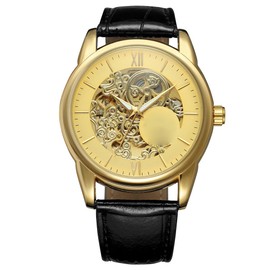 WINNER Male Mechanical Watch Leather Strap Fashionable Round Wristwatch(Golden   Golden)