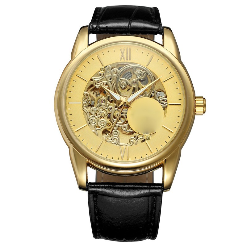 WINNER Male Mechanical Watch Leather Strap Fashionable Round Wristwatch(Golden Golden)
