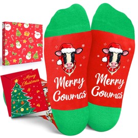 HAPPYPOP Christmas Gifts for Kids - Red Christmas Stocking Stuffers Xmas Cow Socks 10-12 Years Old with Greeting Card