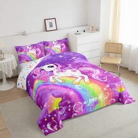 Feelyou Girls Unicorn Comforter Set King Size Kids Cute Dreamy Horse Comforter for Toddler Rainbow Reversible Stars Bedding Set Cartoon Star Print Purple Duvet Set Room Decor Duvet Set