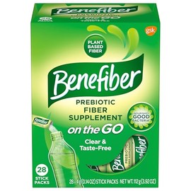 Benefiber Daily Prebiotic Dietary Fiber Supplement Powder Stick Packs for Digestive Health, 100 Natural, On The Go, Clear and Taste-Free, 28 sticks,  