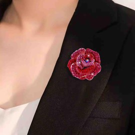 Women's Enamel Crystal Rose Flower Brooches Elegant Rhinestone Floral Statement Brooch Pins Fashion Jewelry Accessories for Women Girl Gift Gold (Red)