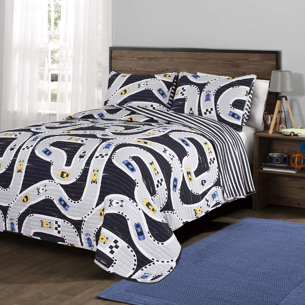 Lush Decor, Navy Car Tracks 3 Piece Quilt Set, Full/Queen