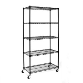 NALLBEIRRAA 5 Tier Adjustable Storage Shelf Metal Storage Rack Wire Shelving Unit Storage Shelves with Wheels for Pantry Closet Kitchen Laundry Bathroom (Black-5-Tier)