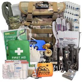 Sirius Survival 72-Hour Starter Emergency Kit – Complete One-Person Bug Out Bag with 40L Survival Backpack, Food, Water, Tent, 141-Piece First Aid, Emergency Radio & Multi-Tool (Camo)
