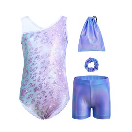 Tstiti Girls Gymnastics Leotard 4-Piece Outfit with Storage Bag Scrunchie & Shorts Dance Set for Toddler/Kids 3-12 Years Blue purple 7-8 Years
