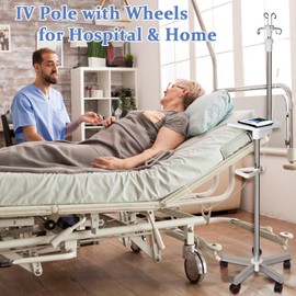 Ozzptuu Medical IV Pole with Wheels - Stainless Steel Adjustable 57" to 79" Height IV Stand with Tray and 4 Hooks for Hospital, Home Infusion Practice and Therapy (White)