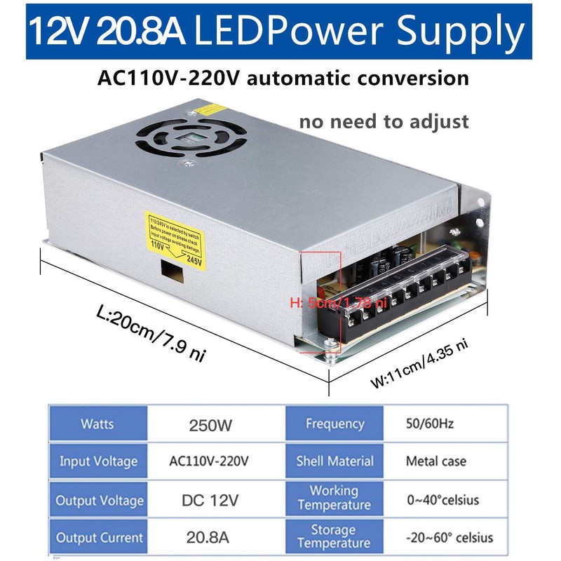 20A 250W 12V DC Power Supply, Universal Regulated Switching AC