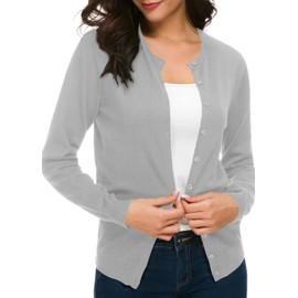 Urban CoCo Women's Long Sleeve Crew Neck Button Down Knit Cardigan Sweater (Light Grey, x_l)