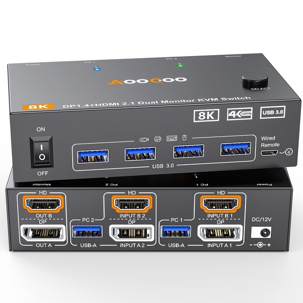 Dual Monitor KVM Switch 2 Port 8K@60Hz 4K@144Hz HDMI+DP USB