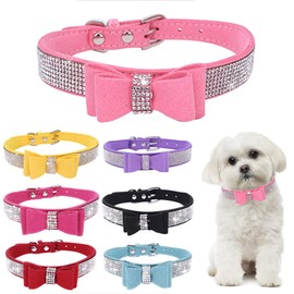Dog Collar Small Dogs with Bow Tie, Bow Collar Puppy with Rhinestones Pearls Glitter Crystal Stones Girls Collar Cat Puppy Rhinestones Pink XXS