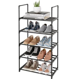 10-Tier Shoe Rack, Tall Shoe Organizer for Entry Bedroom Hallway, Holds 20-24 Pairs of Shoes and Boots, Narrow Metal Shoe Rack with Handles (Black) - Color: Black, Size: 10-Tier(with handle)