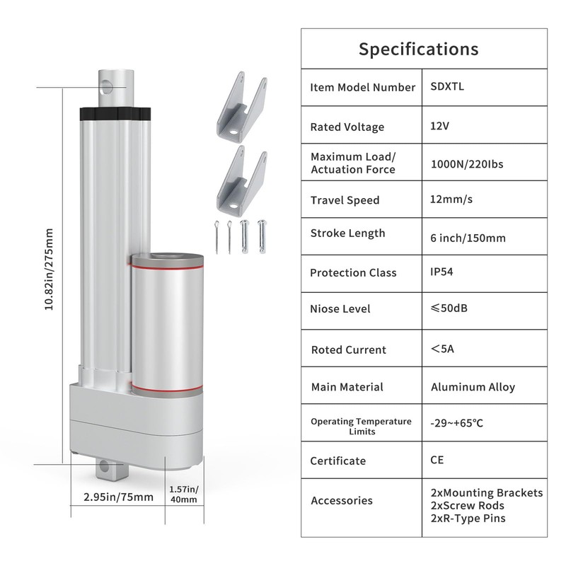 Stroke 200mm 1000N 8 Inch Stroke Linear Actuator 12V High