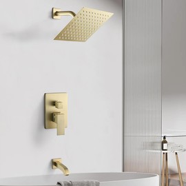 POP SANITARYWARE Tub Shower Faucet Set Brushed Gold Bathroom Rainfall Mixer 8 Inch Shower Head System with Tub Spout Single Handle Shower Trim Kit with Valve