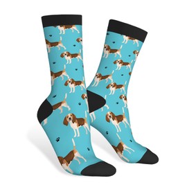 AOYEGO Cute Dog Funny Socks White and Brown Cartoon Beagle Doggy and Paw Prints Novelty Casual Crew Socks Contrast Color Design for Women Men Gift