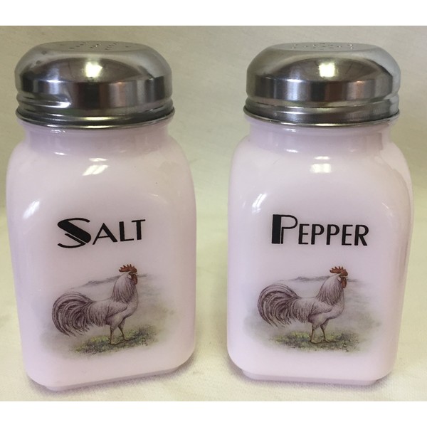 Square Stove Top Salt & Pepper Shaker Set w/Chickens White Leghorn Roosters - Mosser USA - American Made - Crown Tuscan Pink Glass