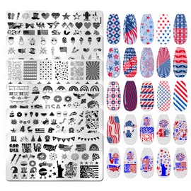 JERCLITY 6pcs 4th of July Nail Stamping Plates Independence Day Nail Stamping Kit Patriotic American Flag Stars Statue of Liberty Image Plates Nail Art Design Template Print Nail Stamper Kit for Women