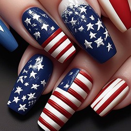 4th July Independence Day Press on Nails Long Stars Patriotic Acrylic Fingernails USA Flag Red White Stripes Pattern Design Holiday Fake Nail Ballet Shaped Glossy Artificial Glue on Nail for Women