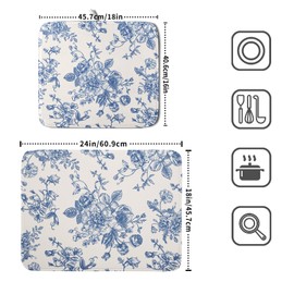 Vintage Blue Floral Dish Drying Mat for Kitchen Counter 16x18 Inch Chinoiserie Flowers Absorbent Reversible Microfiber Dish Pad Dish Drainer Rack Mats Countertops Protector Mat