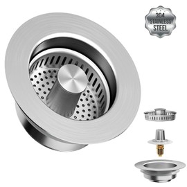 Kitchen Sink Drain Strainer and Sink Stopper(3 in 1), Upgraded Stainless Steel Drain Basket/Brass Pop-Up Bounce Core/Double Seal Sink Drain Stopper, Replacement for Standard 3-1/2 inch Drain