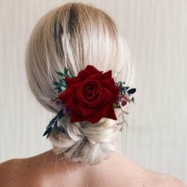 TseenYi Rose Flower Hair Clip Large Flower Fabric Hair Clip Red Floral Hair Pin Rose Hairpiece Bridal Wedding Head Clip Brooch Two Wayjewelry