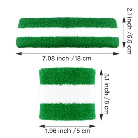 Retro Striped Headband and Wristband Set for Women - 18 Pieces in Green/White/Green for Sports and Fitness (70s, 80s, 90s Style)