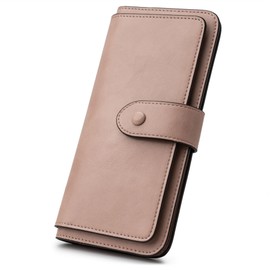 RFID Blocking Leather Wallet for Women, Slim Trifold with 14 Card Slots and Zipper Pocket (Dark Pink)