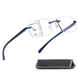 Missfive Premium Aluminum Progressive Multifocus Reading Glasses Men Blue Light Blocking, No-Line Spring Hinge Rimless Office Multifocal Metal Readers, Workspace for Mid-Near Range(3.0x, Sapphire)