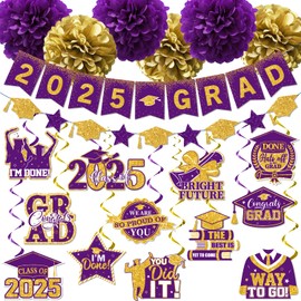 Graduation Decorations 2025 Purple, 2025 Grad Banner and Congrats Grad Hanging Swirls, Purple and Gold Graduation Banner Graduations Hanging Swirls College Graduation Party Decorations Class of 2025