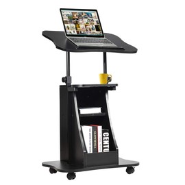 Tangkula Mobile Laptop Podium, Portable Height Adjustable Podium Stand, Standing Desk Sit-to-Stand Desk, Rolling Lectern Cart Laptop Desk Cart with Swivel Top Movable Wheels & Storage