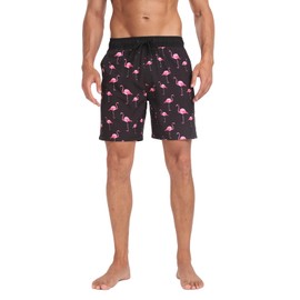 Houselog Mens Swim Trunks with Compression Liner 2 in 1 Swimming Shorts Stretch Trunks Quick Dry Beach Shorts Bathing Suit (CA/US, Alpha, Small, Regular, Regular, Black Flamingo)