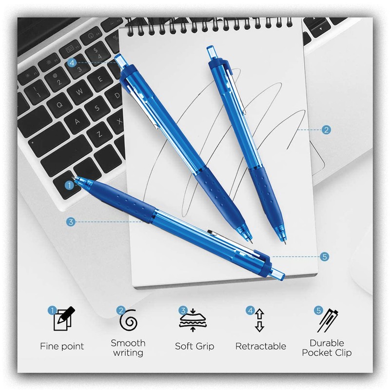 Glamza Ballpoint Pens 0.7mm Blue Ink Retractable Writing Pens Multipack