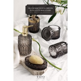 EMPO 6PCS Bathroom Clear Glass Accessories Set (Lotion Soap Dispenser, Soap Dish, Toothbrush Holder, Tumbler, Cotton Swab Jar) Contemporary Modern Decor Crystal Clear Vintage Gift (6pcs Gray)