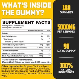 Gomitas de monohidrato de creatina (180 unidades) para hombres y mujeres, gomitas de creatina preentrenamiento para constructor muscular, fuerza muscu