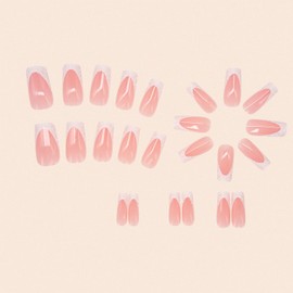 Press on Nail Long Ballet Shaped Artificial Acrylic Nails White French False Nails Glitter Powder Design Charm Fake Nails Full Cover Glossy Reusable Coffin Nails Glue on Nails for Women 24Pcs