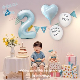Ptyceler Birthday Balloons, Number Balloons, Set of 3, Pastel, Blue, Light Blue, 32 Inches, Approx. 27.6 inches (70 cm), Simple Birthday Decoration, Birthday Decoration, For Photography, Balloons