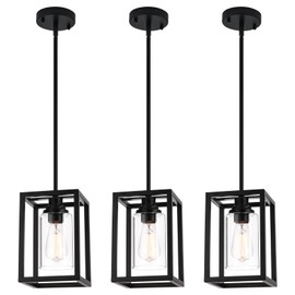 Set of 3 Black Farmhouse Pendant Light Fixtures, Industrial Kitchen Island Light, 1 Pack Rectangle Linear Chandelier Metal Hanging Lighting Fixture with Clear Glass Shade Ceiling Lamp for Dining Room