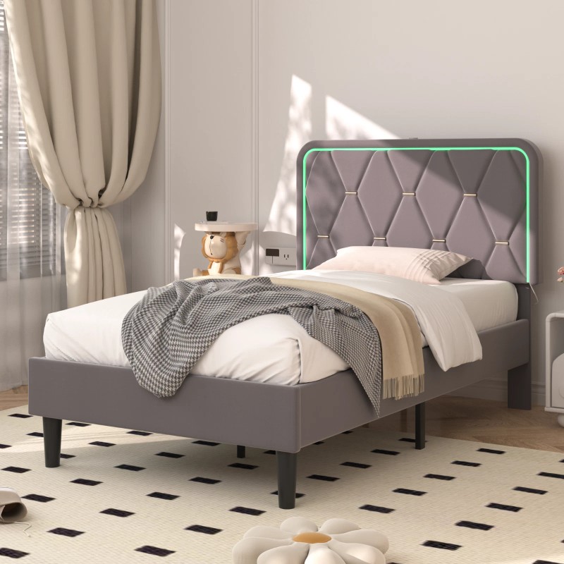 Vecelo LED Light Queen Full Twin Bed Frame with USB