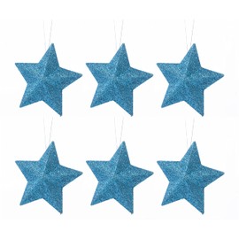 Pack of 6-8cm 3D Glitter Star Baubles Christmas Tree Decorations (Ice Blue)