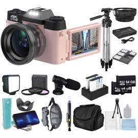 eDealz 4K 56MP Digital Camera Kit for Photography, Vlogging for YouTube w/Flip Screen, WiFi, Wide Angle Lens, Filters, 2X 64GB Micro SD Cards, 50" Tripod, Case, Card Reader, Microphone, LED (Pink)